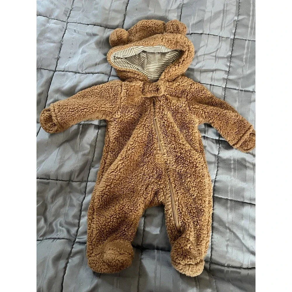 Brown Hooded Carter's One Piece Baby Snowsuit with Bear Ears and Zipper 0-3 Mo.